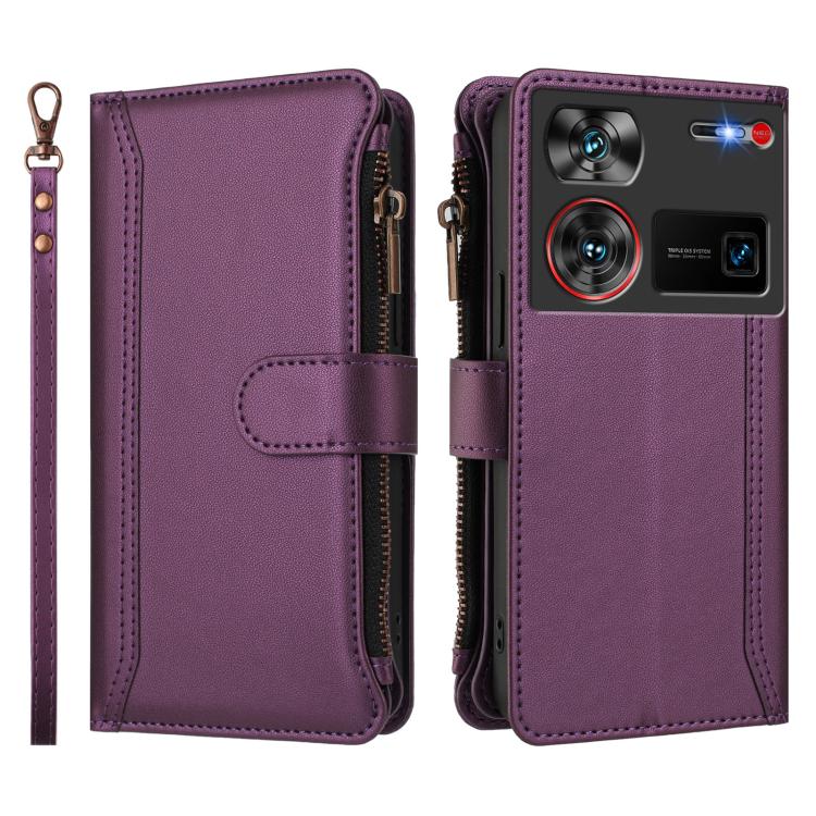 For ZTE Nubia Z60 Ultra Magnetic Closure 9 Card Slots Zipper Leather Case with Hand Strap