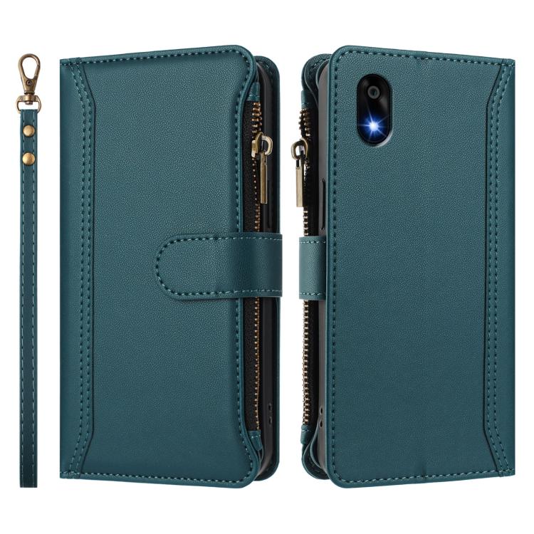 For ZTE Kantan Sumaho 4 A402ZT Magnetic Closure 9 Card Slots Zipper Leather Case with Hand Strap