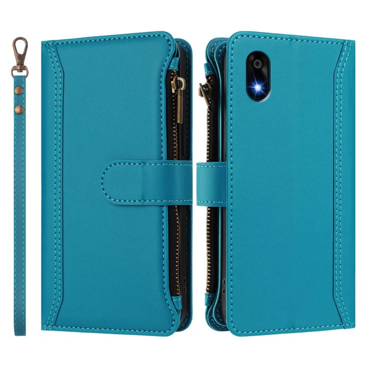 For ZTE Kantan Sumaho 4 A402ZT Magnetic Closure 9 Card Slots Zipper Leather Case with Hand Strap