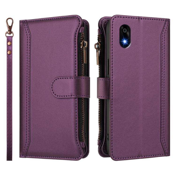 For ZTE Kantan Sumaho 4 A402ZT Magnetic Closure 9 Card Slots Zipper Leather Case with Hand Strap