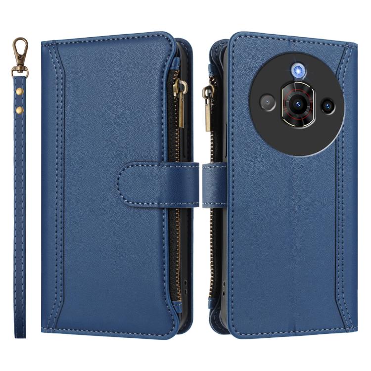 For ZTE Nubia Focus Pro 5G Magnetic Closure 9 Card Slots Zipper Leather Case with Hand Strap