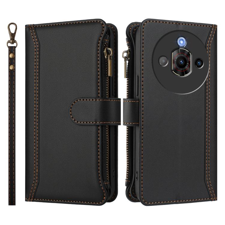 For ZTE Nubia Focus Pro 5G Magnetic Closure 9 Card Slots Zipper Leather Case with Hand Strap