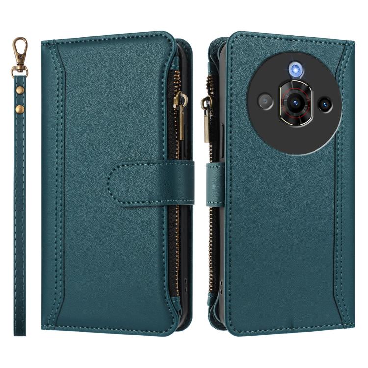 For ZTE Nubia Focus Pro 5G Magnetic Closure 9 Card Slots Zipper Leather Case with Hand Strap