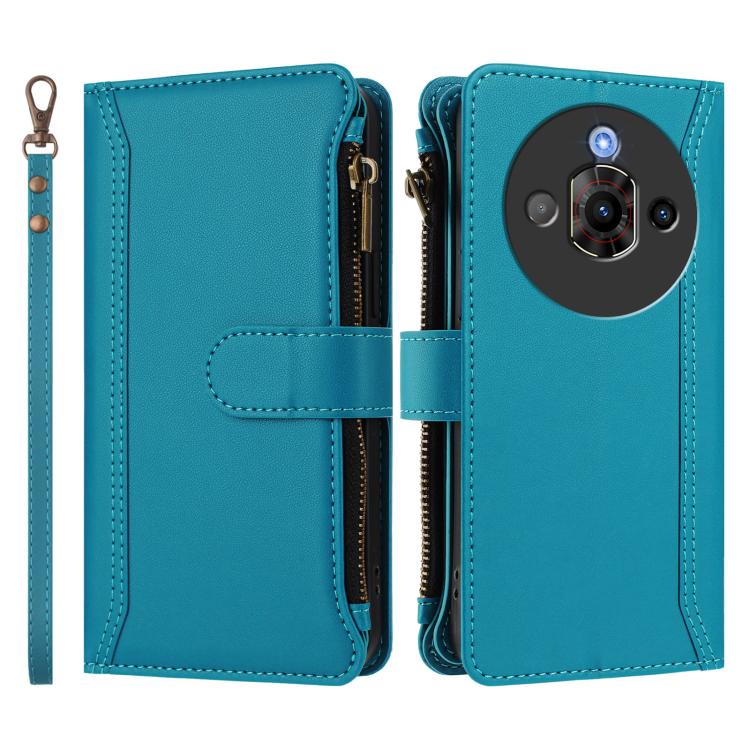 For ZTE Nubia Focus Pro 5G Magnetic Closure 9 Card Slots Zipper Leather Case with Hand Strap