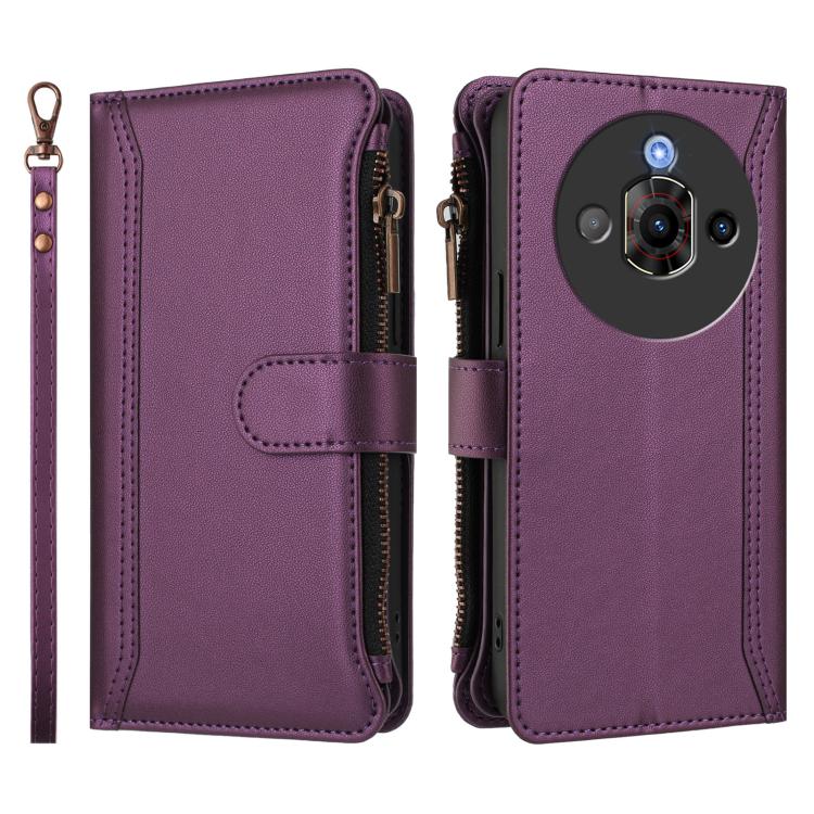 For ZTE Nubia Focus Pro 5G Magnetic Closure 9 Card Slots Zipper Leather Case with Hand Strap