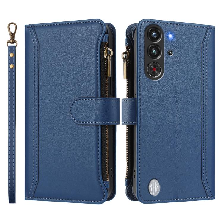 For ZTE Nubia Red Magic / 10 Pro / 10 Pro+ Magnetic Closure 9 Card Slots Zipper Leather Case with Hand Strap