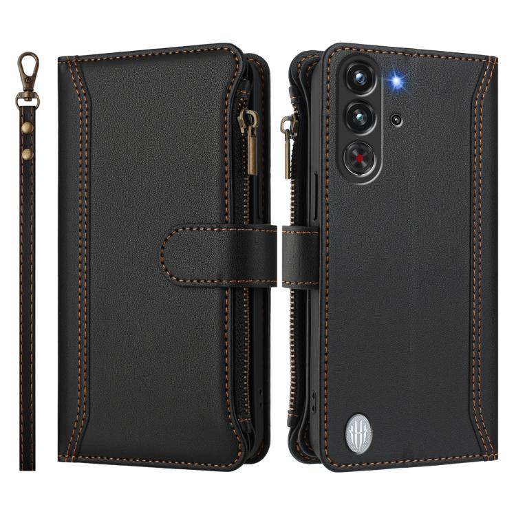 For ZTE Nubia Red Magic / 10 Pro / 10 Pro+ Magnetic Closure 9 Card Slots Zipper Leather Case with Hand Strap