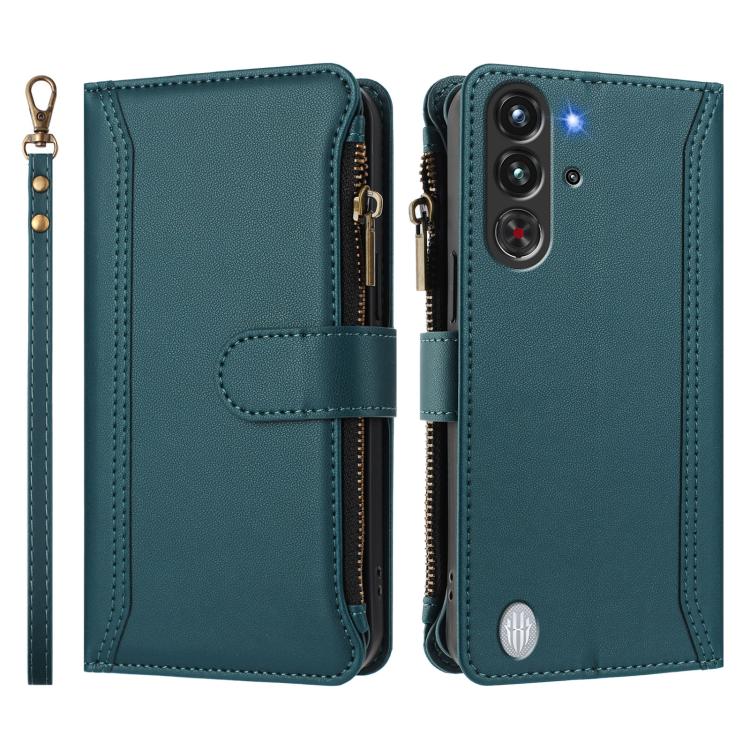 For ZTE Nubia Red Magic / 10 Pro / 10 Pro+ Magnetic Closure 9 Card Slots Zipper Leather Case with Hand Strap