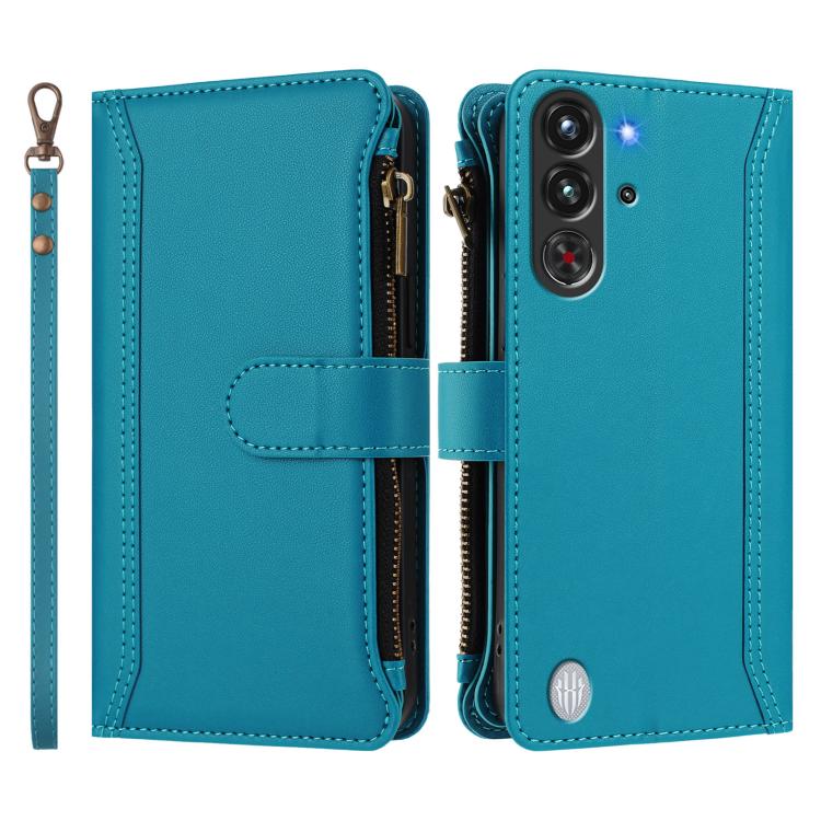 For ZTE Nubia Red Magic / 10 Pro / 10 Pro+ Magnetic Closure 9 Card Slots Zipper Leather Case with Hand Strap