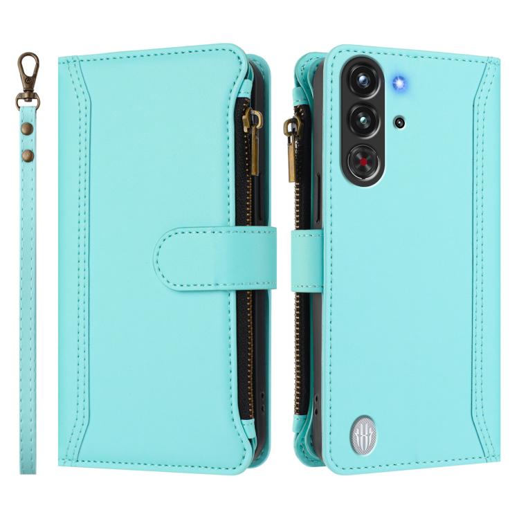 For ZTE Nubia Red Magic / 10 Pro / 10 Pro+ Magnetic Closure 9 Card Slots Zipper Leather Case with Hand Strap