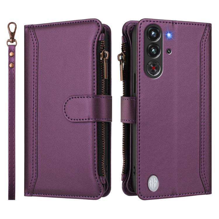 For ZTE Nubia Red Magic / 10 Pro / 10 Pro+ Magnetic Closure 9 Card Slots Zipper Leather Case with Hand Strap