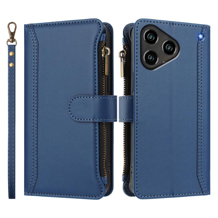 For ZTE Blade A76 4G Magnetic Closure 9 Card Slots Zipper Leather Case with Hand Strap