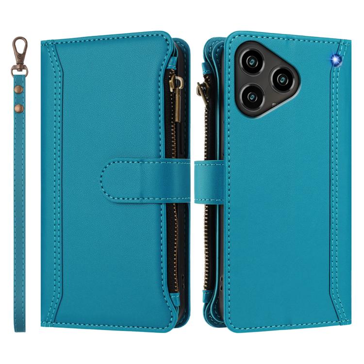 For ZTE Blade A76 4G Magnetic Closure 9 Card Slots Zipper Leather Case with Hand Strap