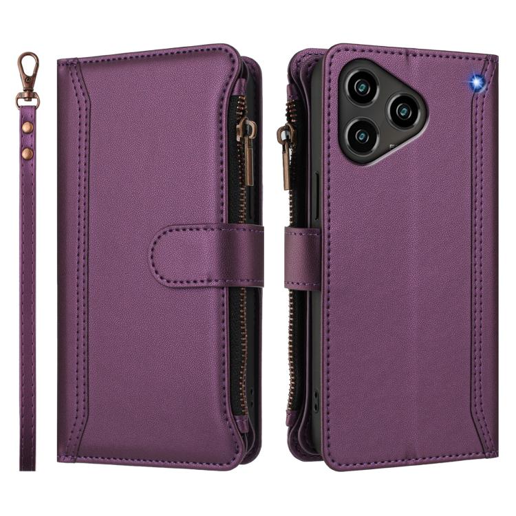 For ZTE Blade A76 4G Magnetic Closure 9 Card Slots Zipper Leather Case with Hand Strap