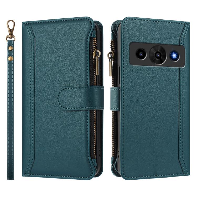 For ZTE Nubia P7 Pro 5G/Optus X Value 5G Magnetic Closure 9 Card Slots Zipper Leather Case with Hand Strap