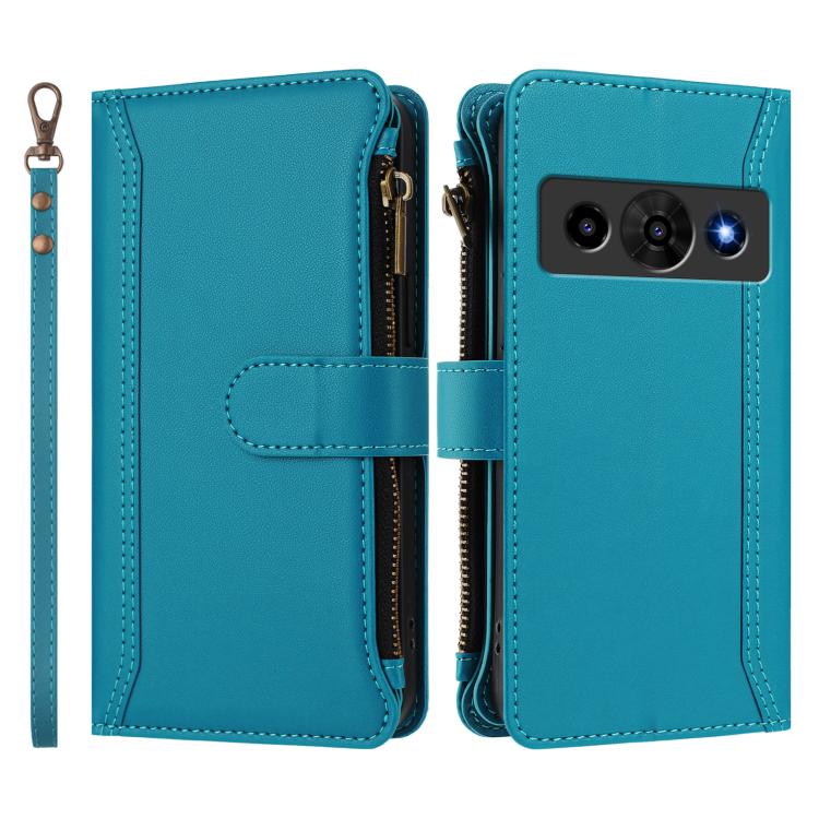 For ZTE Nubia P7 Pro 5G/Optus X Value 5G Magnetic Closure 9 Card Slots Zipper Leather Case with Hand Strap