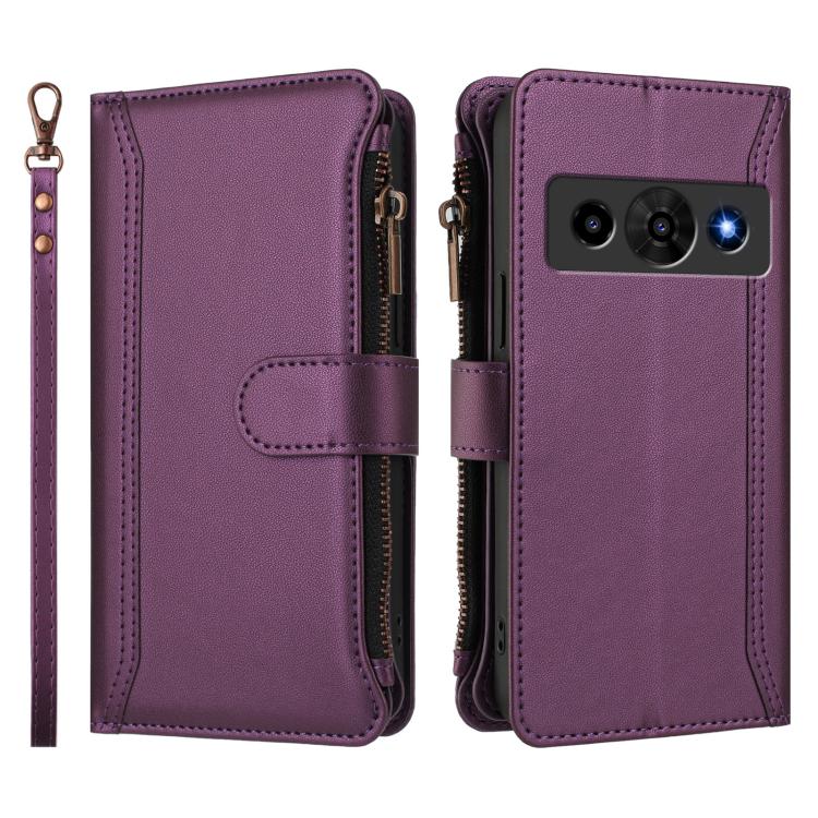 For ZTE Nubia P7 Pro 5G/Optus X Value 5G Magnetic Closure 9 Card Slots Zipper Leather Case with Hand Strap