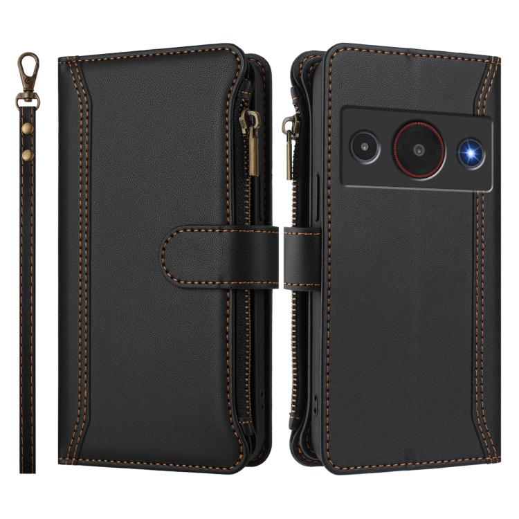 For ZTE Blade A75 Pro/Telstra T-Elite 5G Magnetic Closure 9 Card Slots Zipper Leather Case with Hand Strap