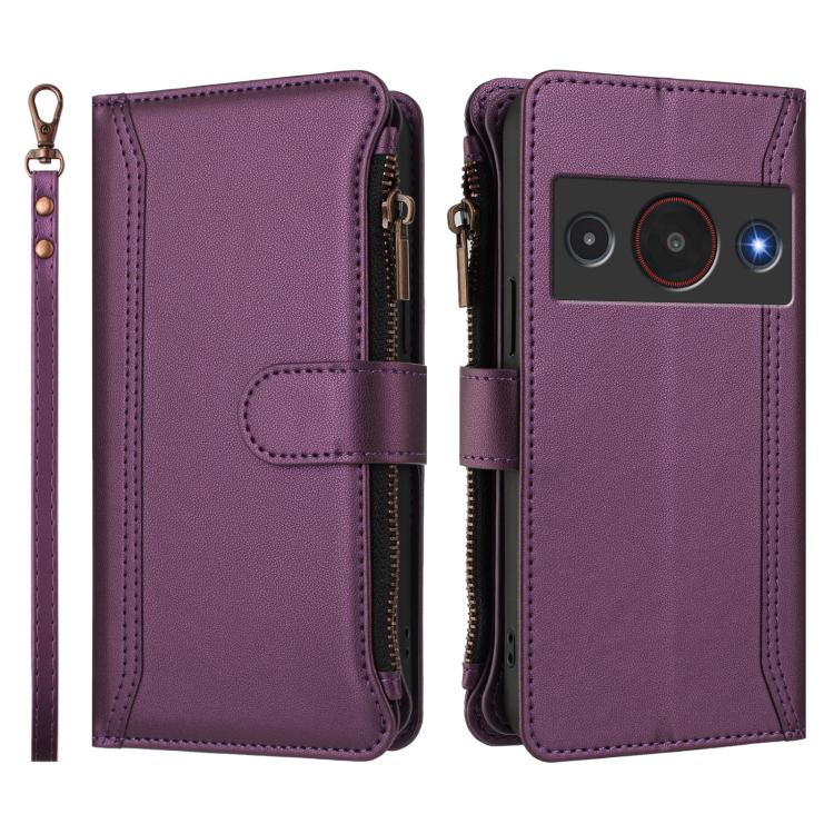 For ZTE Blade A75 Pro/Telstra T-Elite 5G Magnetic Closure 9 Card Slots Zipper Leather Case with Hand Strap