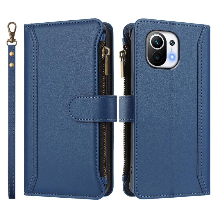 For Xiaomi Mi 11 Magnetic Closure 9 Card Slots Zipper Leather Case with Hand Strap