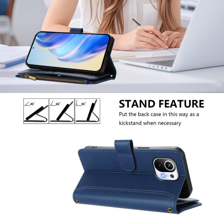 For Xiaomi Mi 11 Magnetic Closure 9 Card Slots Zipper Leather Case with Hand Strap