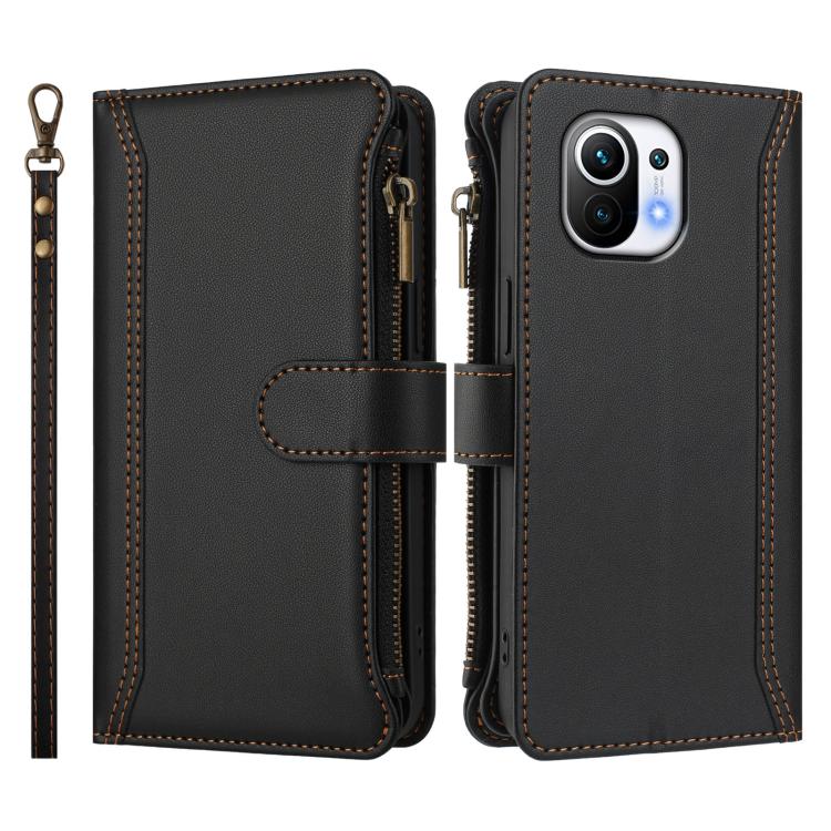 For Xiaomi Mi 11 Magnetic Closure 9 Card Slots Zipper Leather Case with Hand Strap