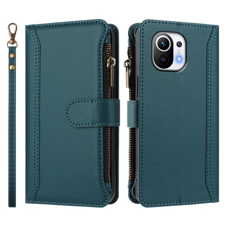 For Xiaomi Mi 11 Magnetic Closure 9 Card Slots Zipper Leather Case with Hand Strap