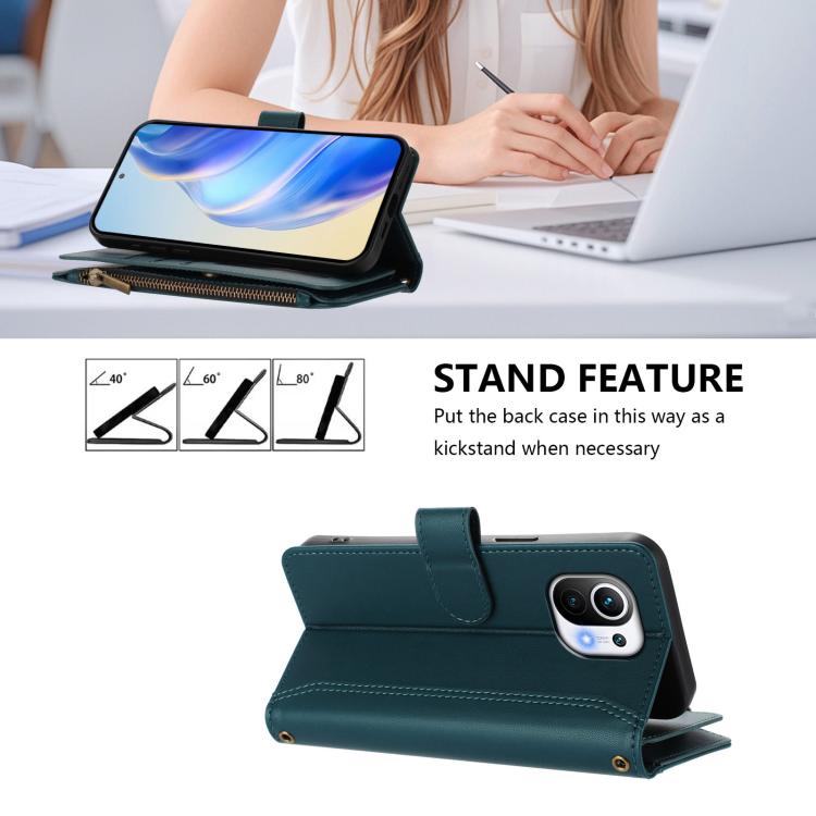 For Xiaomi Mi 11 Magnetic Closure 9 Card Slots Zipper Leather Case with Hand Strap