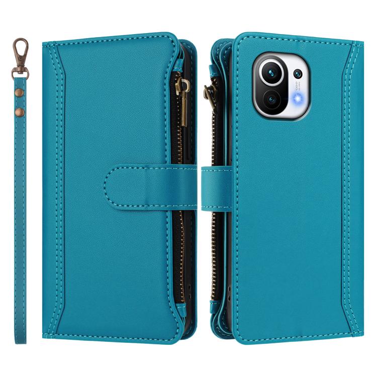 For Xiaomi Mi 11 Magnetic Closure 9 Card Slots Zipper Leather Case with Hand Strap