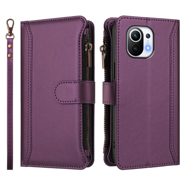 For Xiaomi Mi 11 Magnetic Closure 9 Card Slots Zipper Leather Case with Hand Strap