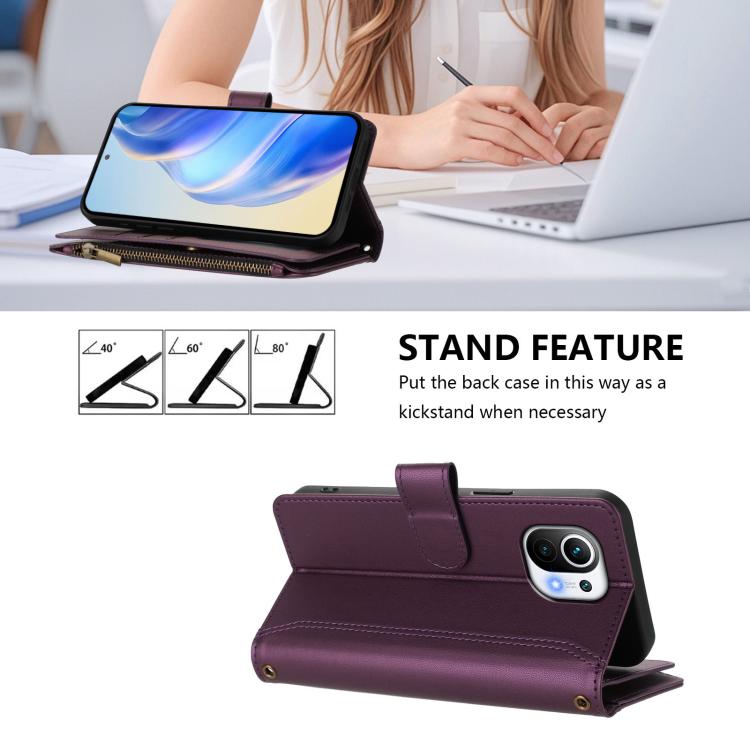 For Xiaomi Mi 11 Magnetic Closure 9 Card Slots Zipper Leather Case with Hand Strap