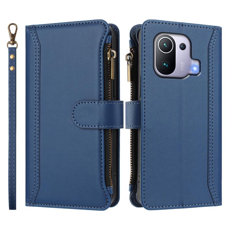 For Xiaomi Mi 11 Pro Magnetic Closure 9 Card Slots Zipper Leather Case with Hand Strap