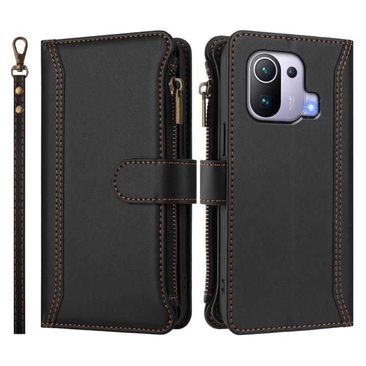 For Xiaomi Mi 11 Pro Magnetic Closure 9 Card Slots Zipper Leather Case with Hand Strap