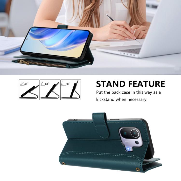 For Xiaomi Mi 11 Pro Magnetic Closure 9 Card Slots Zipper Leather Case with Hand Strap