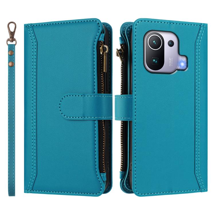 For Xiaomi Mi 11 Pro Magnetic Closure 9 Card Slots Zipper Leather Case with Hand Strap