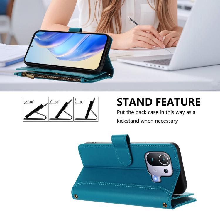 For Xiaomi Mi 11 Pro Magnetic Closure 9 Card Slots Zipper Leather Case with Hand Strap