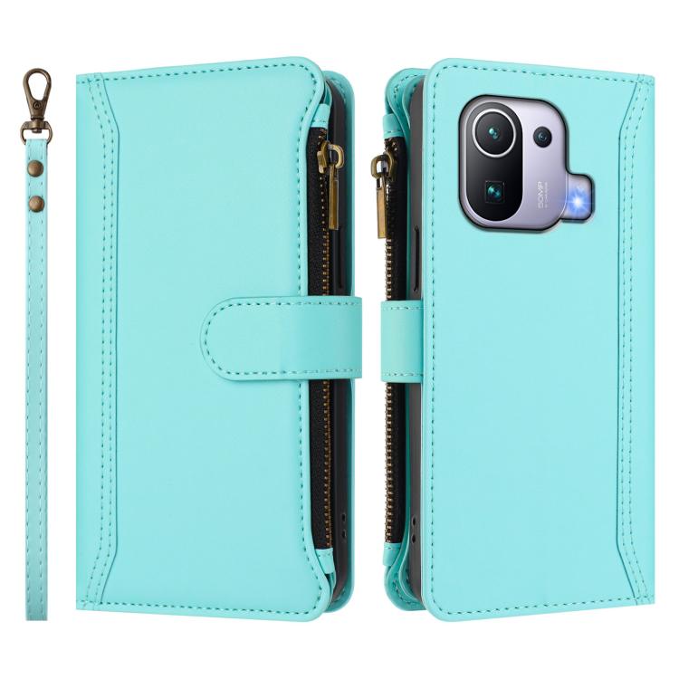For Xiaomi Mi 11 Pro Magnetic Closure 9 Card Slots Zipper Leather Case with Hand Strap