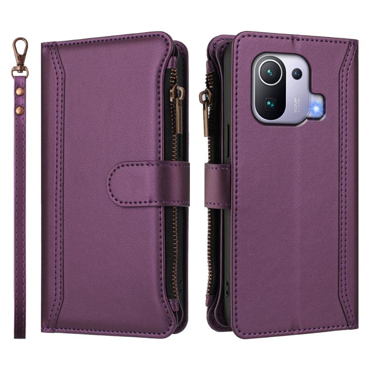 For Xiaomi Mi 11 Pro Magnetic Closure 9 Card Slots Zipper Leather Case with Hand Strap