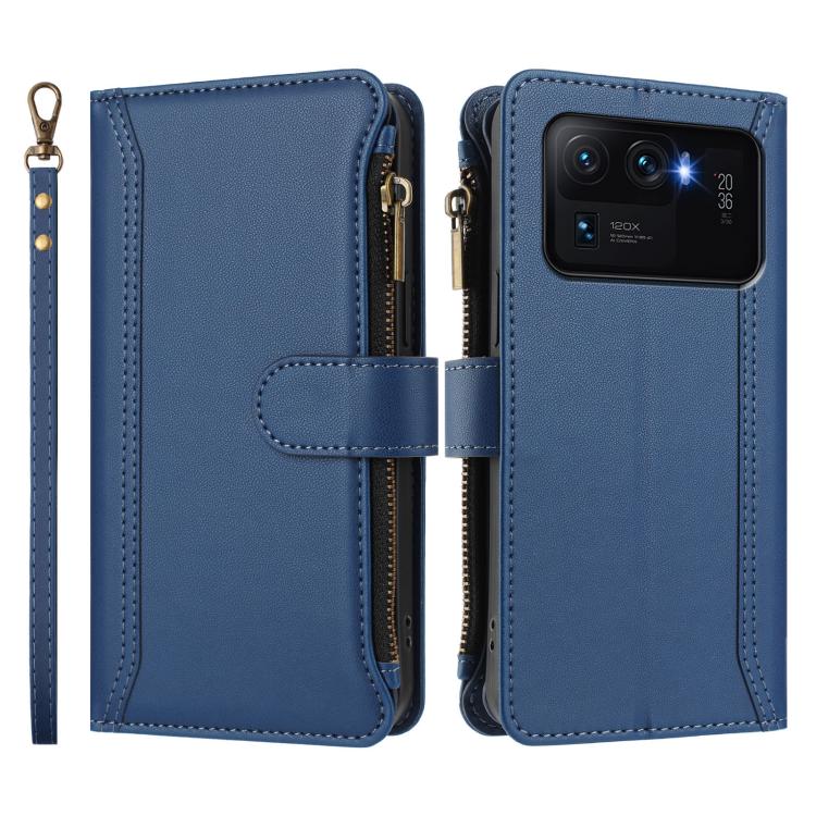 For Xiaomi Mi 11 Ultra Magnetic Closure 9 Card Slots Zipper Leather Case with Hand Strap