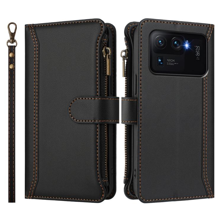 For Xiaomi Mi 11 Ultra Magnetic Closure 9 Card Slots Zipper Leather Case with Hand Strap