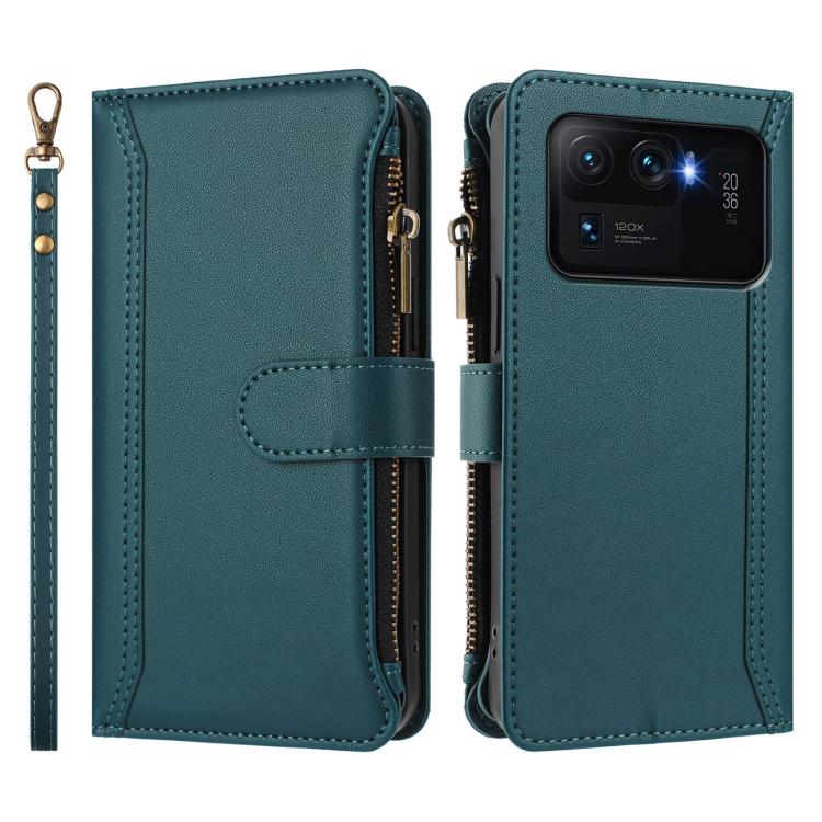 For Xiaomi Mi 11 Ultra Magnetic Closure 9 Card Slots Zipper Leather Case with Hand Strap