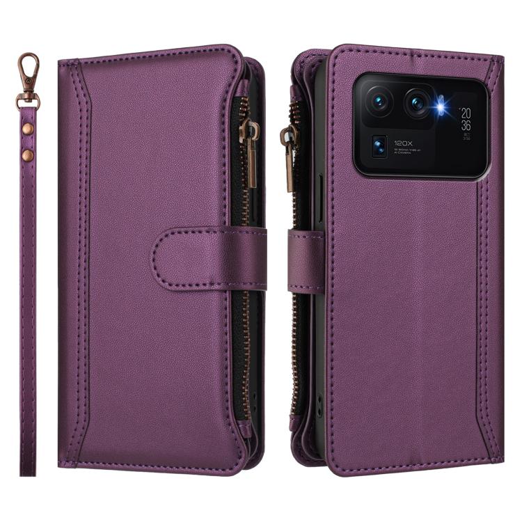 For Xiaomi Mi 11 Ultra Magnetic Closure 9 Card Slots Zipper Leather Case with Hand Strap