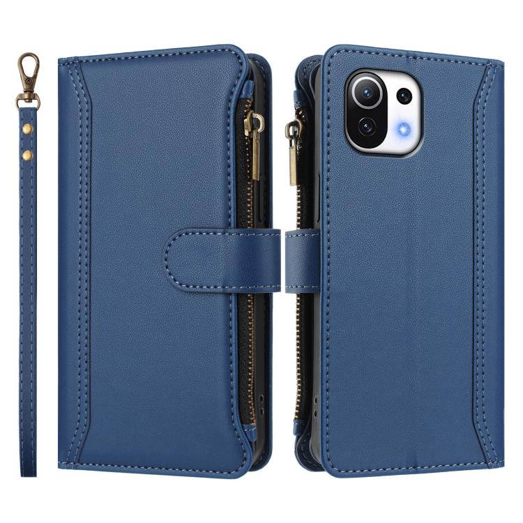 For Xiaomi Mi 11 Lite 4G / 5G Magnetic Closure 9 Card Slots Zipper Leather Case with Hand Strap