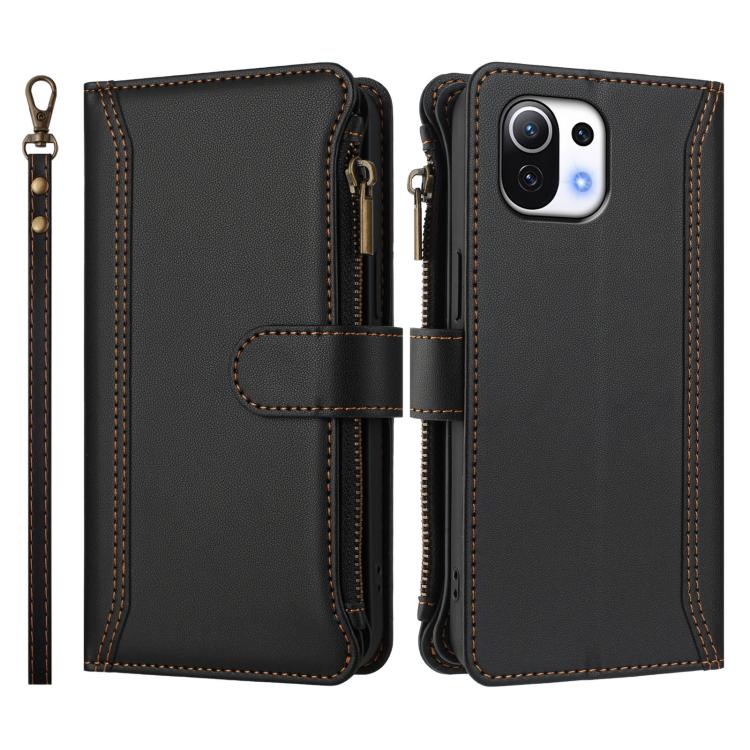 For Xiaomi Mi 11 Lite 4G / 5G Magnetic Closure 9 Card Slots Zipper Leather Case with Hand Strap
