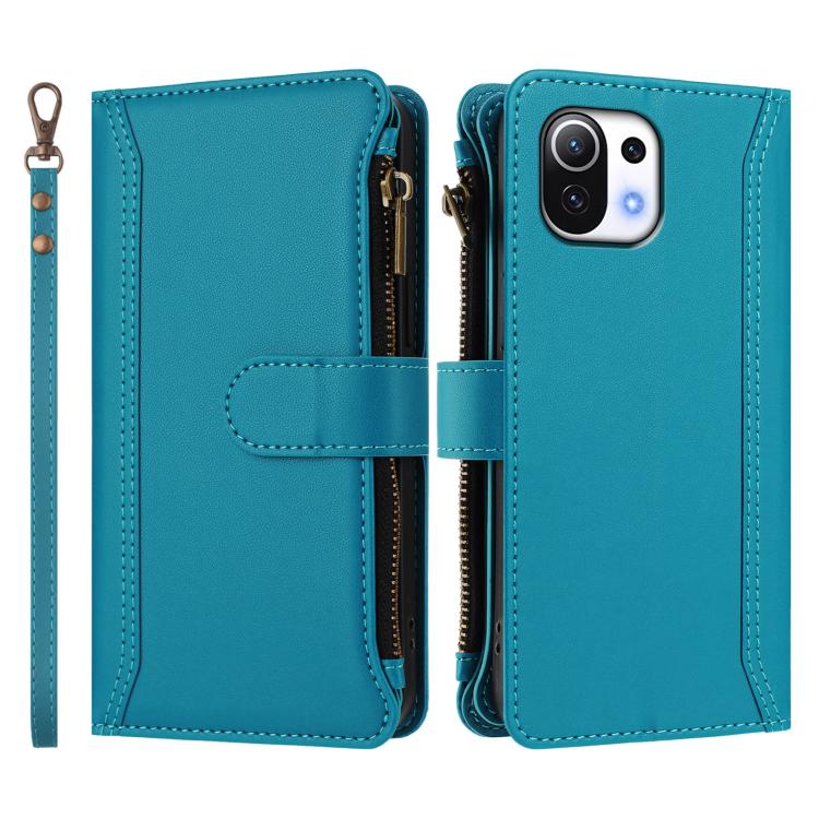 For Xiaomi Mi 11 Lite 4G / 5G Magnetic Closure 9 Card Slots Zipper Leather Case with Hand Strap