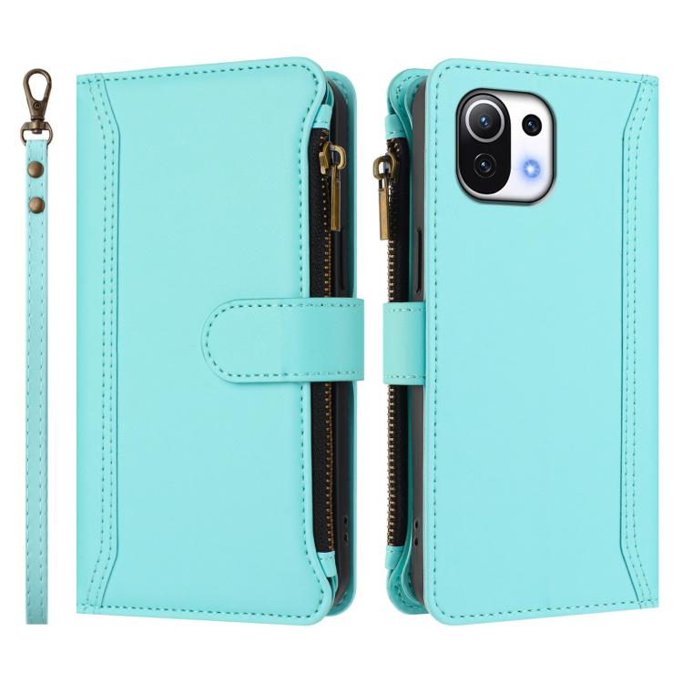 For Xiaomi Mi 11 Lite 4G / 5G Magnetic Closure 9 Card Slots Zipper Leather Case with Hand Strap