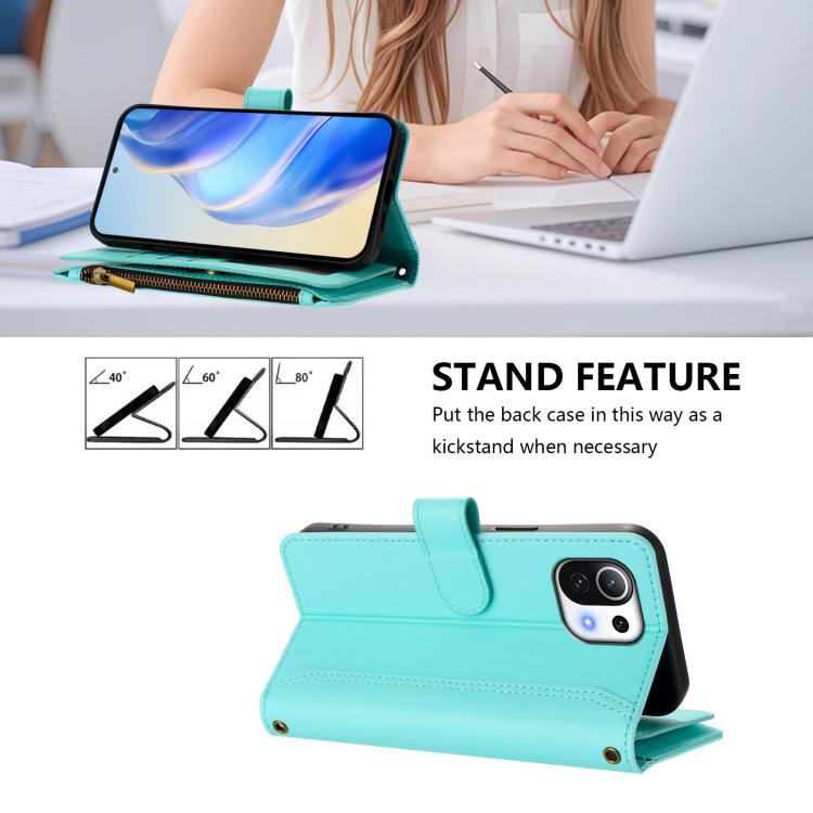 For Xiaomi Mi 11 Lite 4G / 5G Magnetic Closure 9 Card Slots Zipper Leather Case with Hand Strap