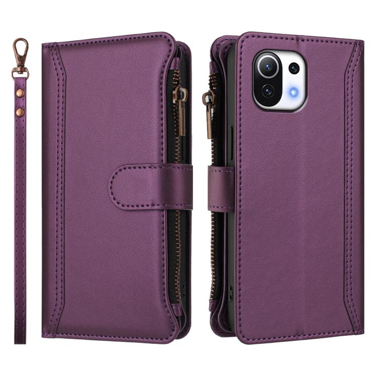 For Xiaomi Mi 11 Lite 4G / 5G Magnetic Closure 9 Card Slots Zipper Leather Case with Hand Strap