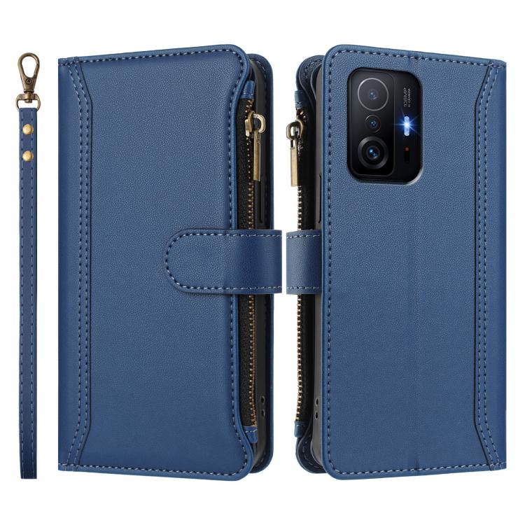 For Xiaomi 11T / 11T Pro Magnetic Closure 9 Card Slots Zipper Leather Case with Hand Strap