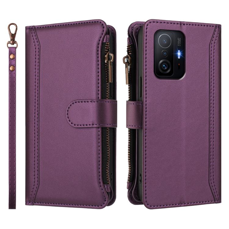 For Xiaomi 11T / 11T Pro Magnetic Closure 9 Card Slots Zipper Leather Case with Hand Strap